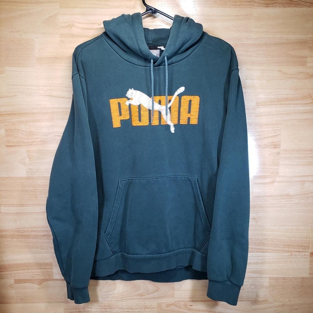 PUMA Hoodie Men's XL Green Pullover Sweatshirt Logo Graphic Kangaroo Pocket